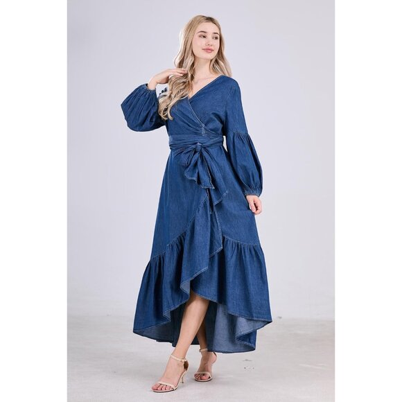 Women's Denim Maxi Dress Cotton Belted V-Neck Ruffle Hem Casual Elegant - Picture 5 of 8